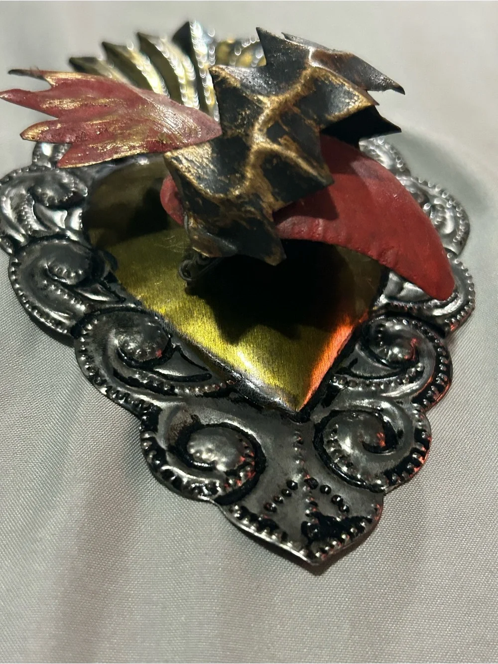 Authentic Mexican Folk Art Sacred Heart Tin 3D Wall Hanger.